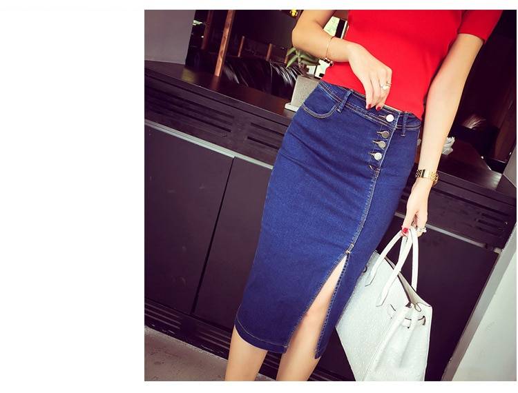 High waist with buttons in front office bodycon denim skirt