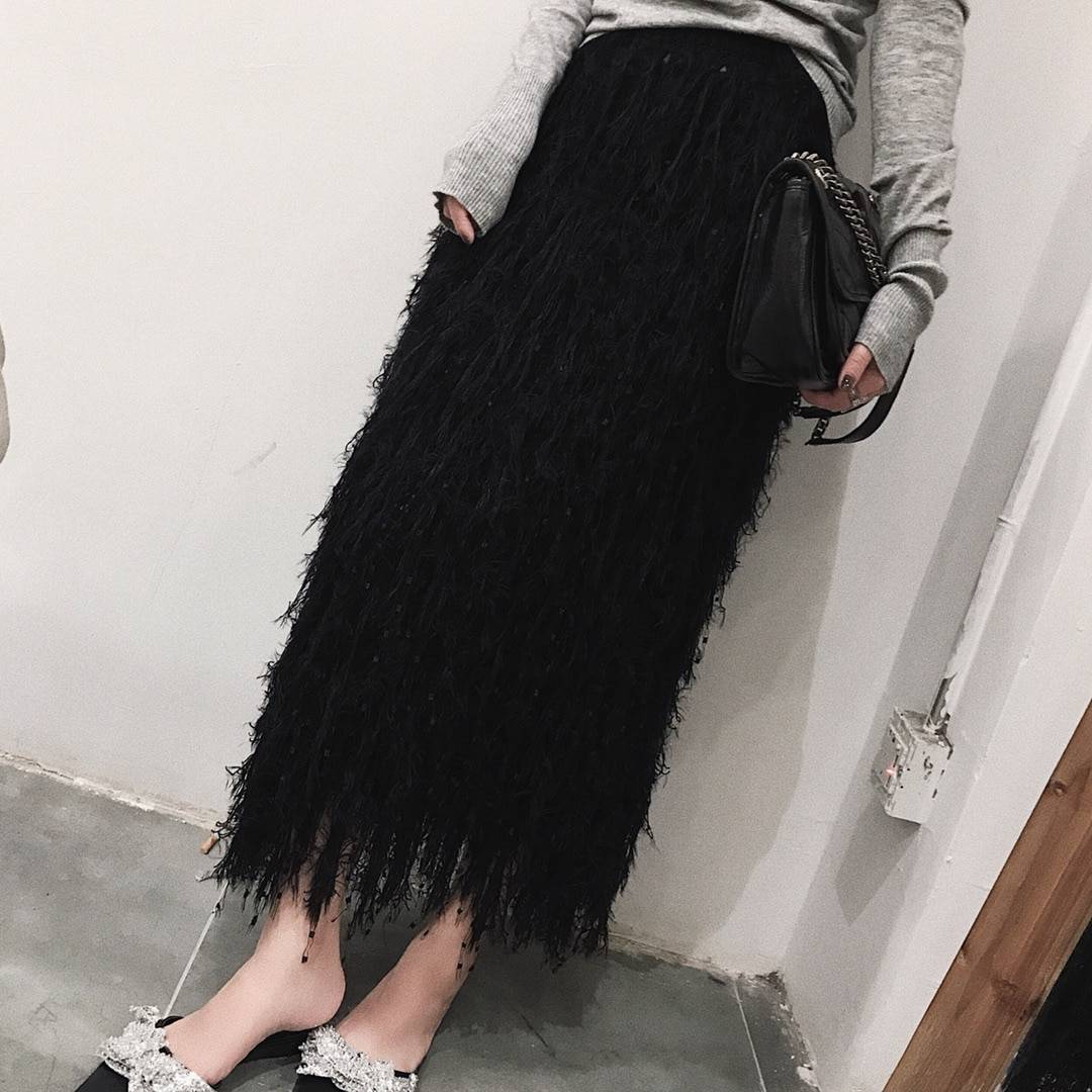 Feather Grey A Line Elastic High Waist Long Midi Crochet Skirt in Skirts