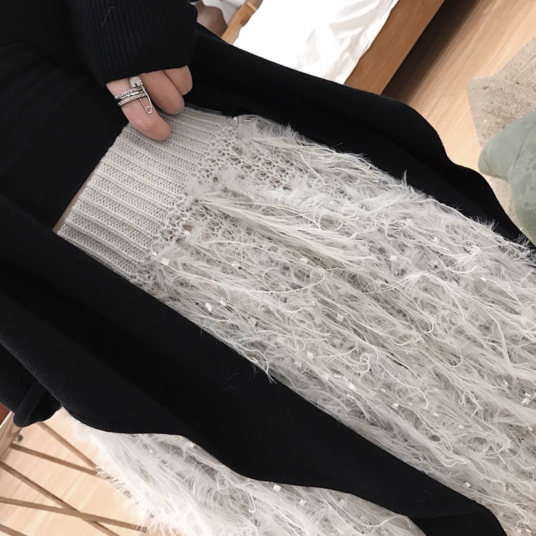 Feather Grey A Line Elastic High Waist Long Midi Crochet Skirt in Skirts