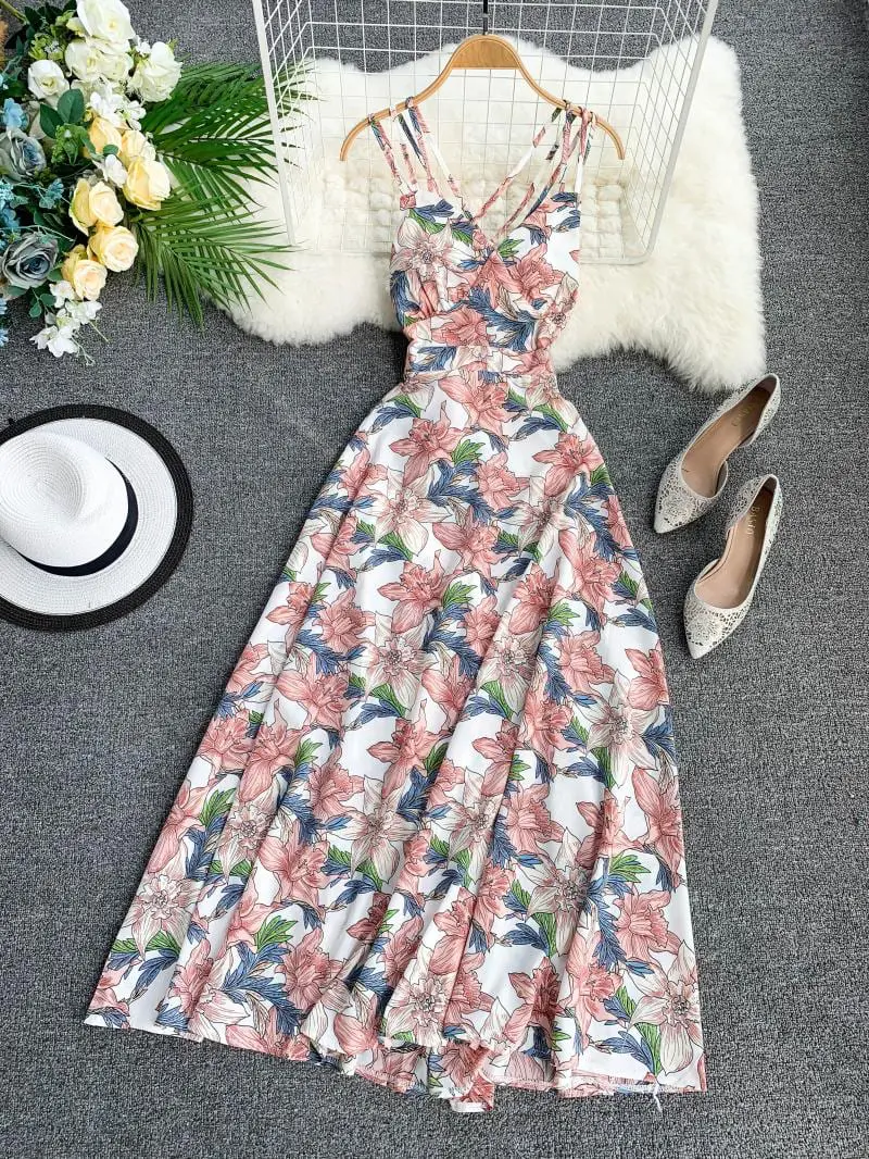 Elegant Bohemian Floral Print V-Neck Backless Long Dress in Dresses