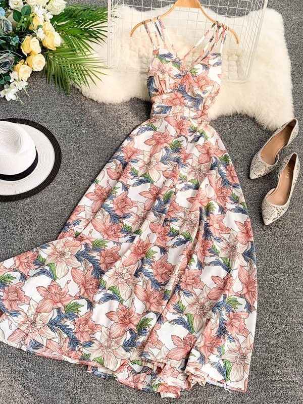 Elegant Bohemian Floral Print V-Neck Backless Long Dress in Dresses