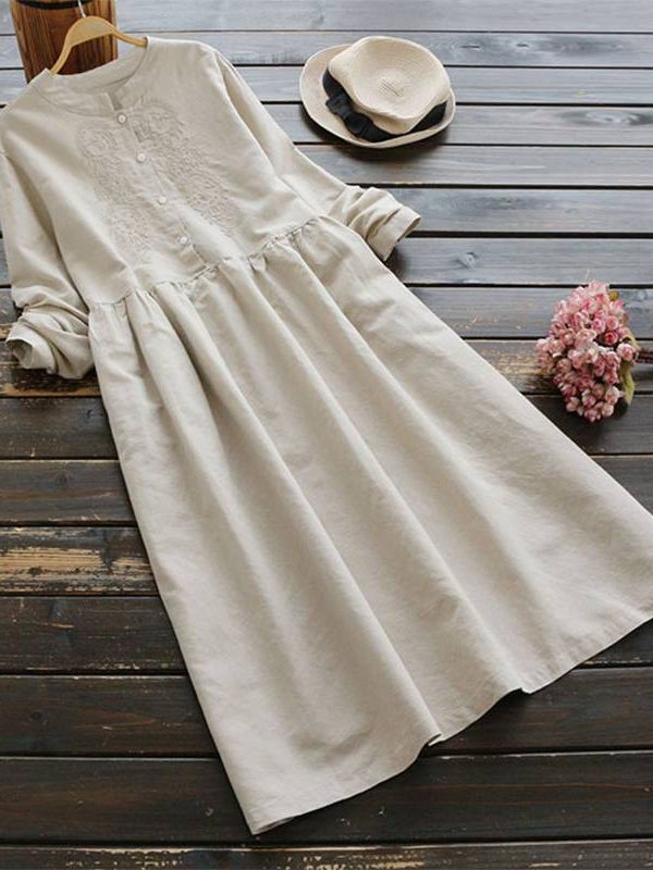 Embroidery Cotton Long Sleeve Long Shirt Dress in Dresses