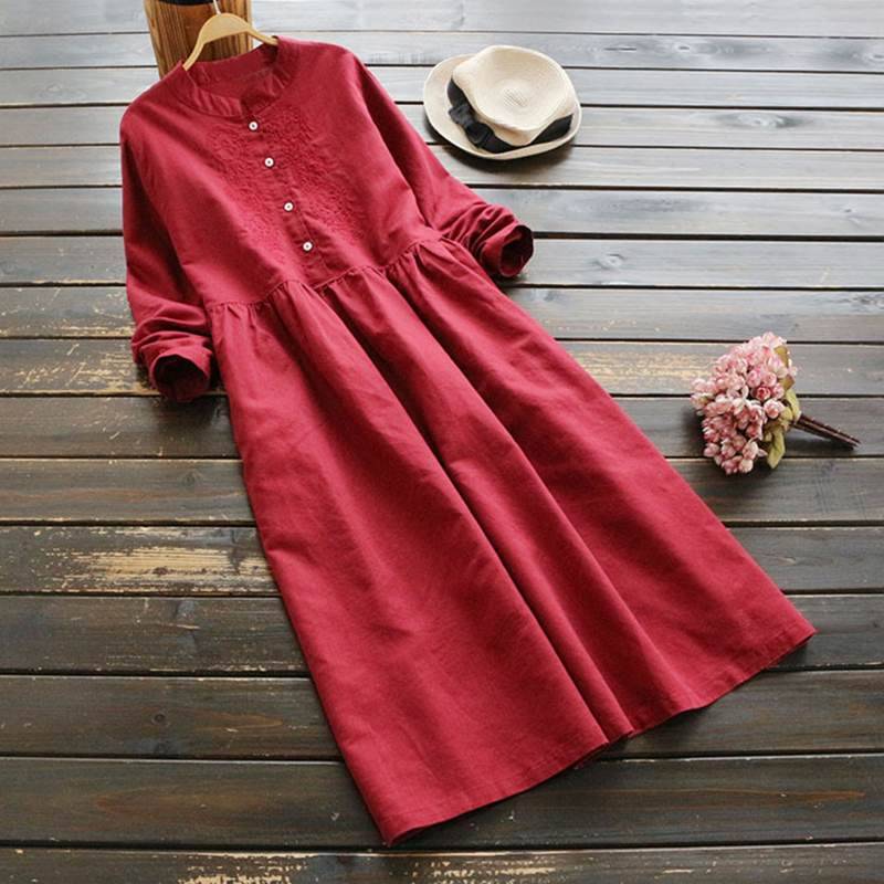 Embroidery cotton long sleeve long shirt dress
