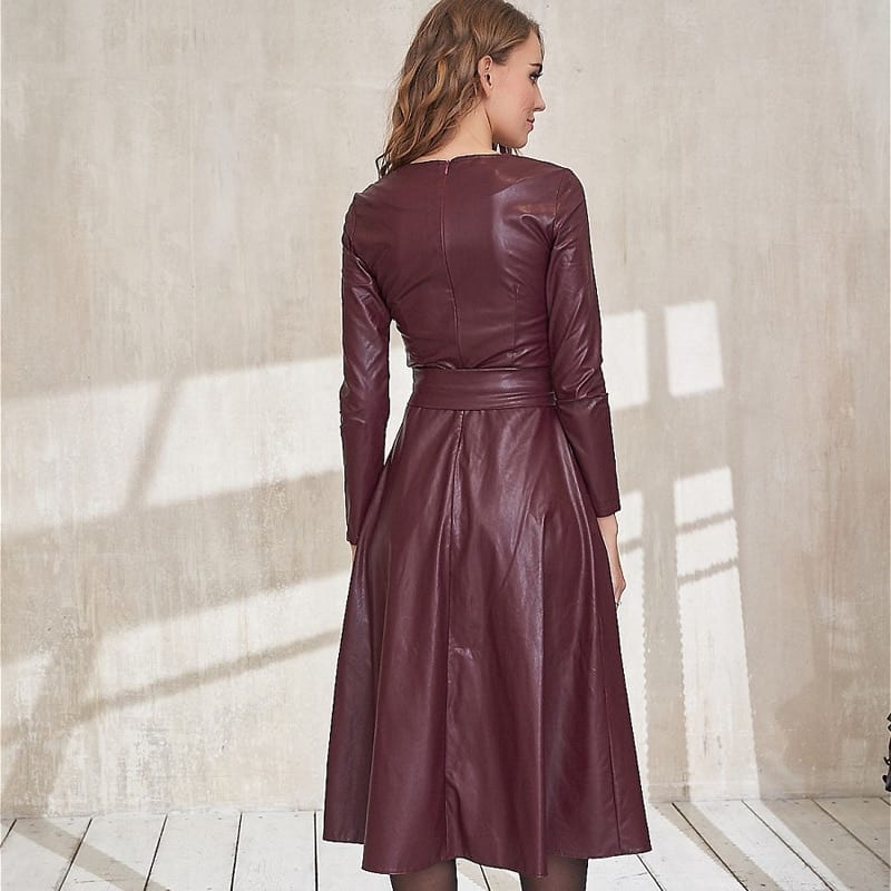 Elegant Long Sleeve Belt PU Leather Dress in Dresses