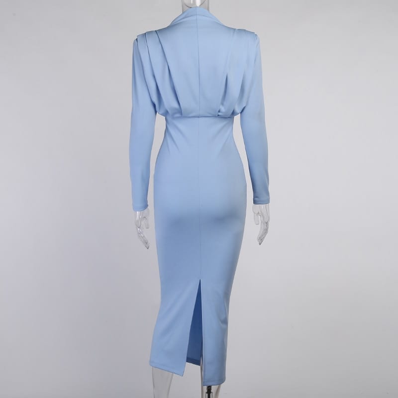 Elegant stand collar solid blue ankle length long sleeve dress