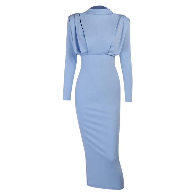 Elegant stand collar solid blue ankle length long sleeve dress