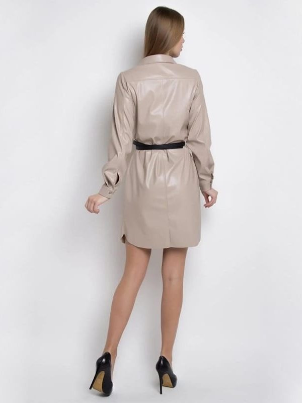 Turn Down Collar Pockets Belt Button Long Sleeve PU Leather Office Dress - Dresses - Uniqistic.com