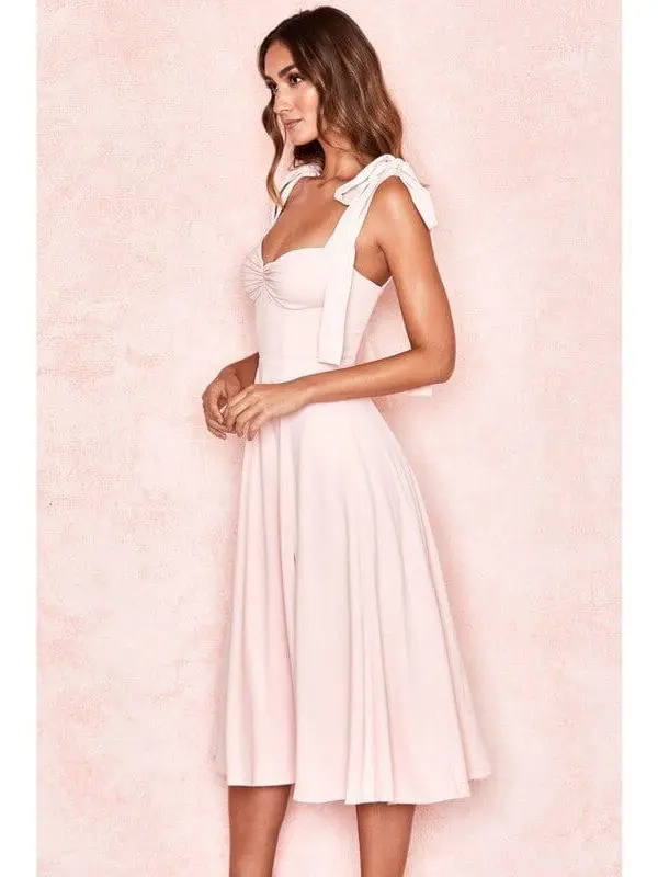 Sleeveless Bow Tie Spaghetti Strap A Line Backless Pink Midi Dress in Dresses