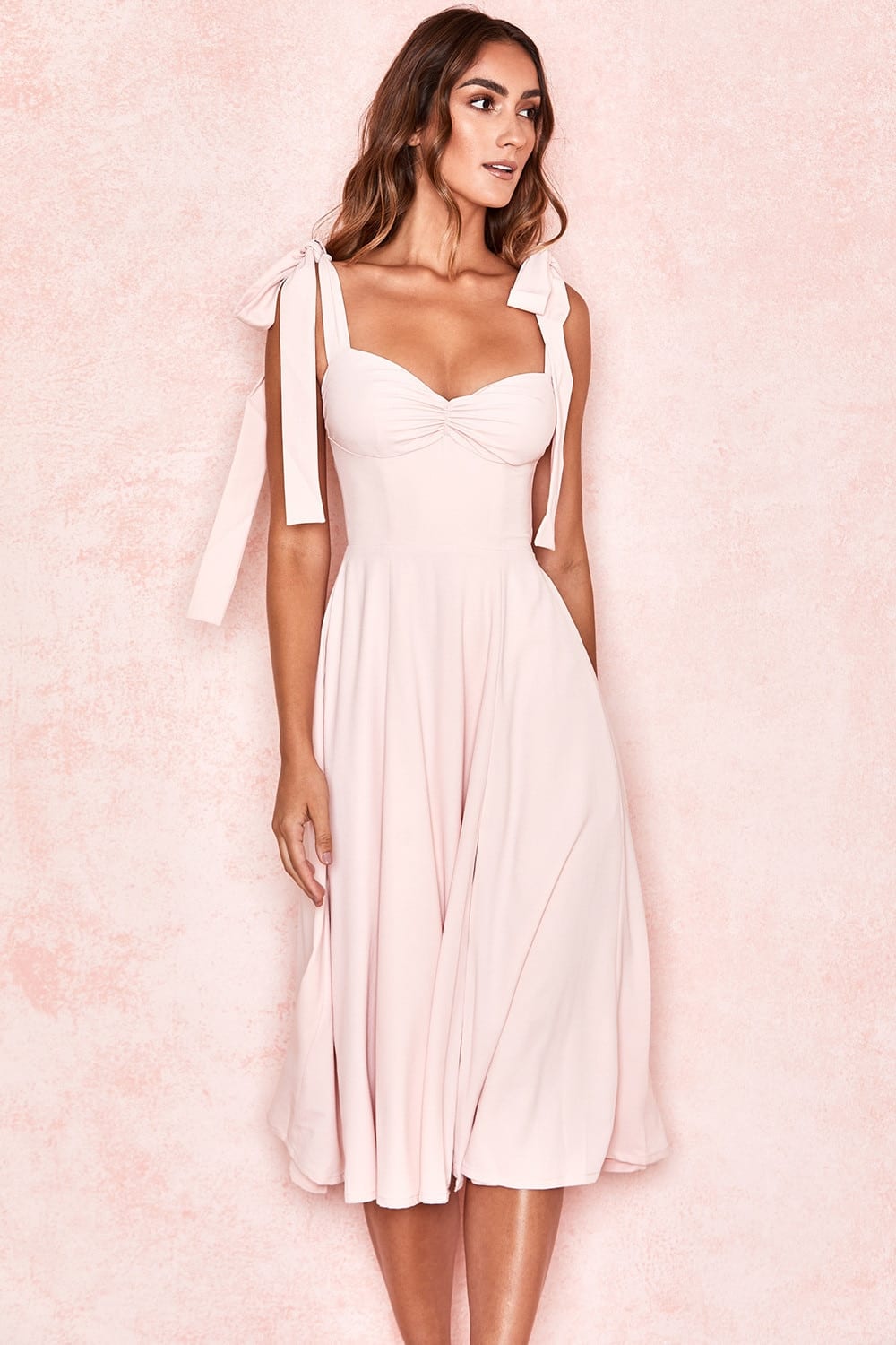Sleeveless Bow Tie Spaghetti Strap A Line Backless Pink Midi Dress in Dresses