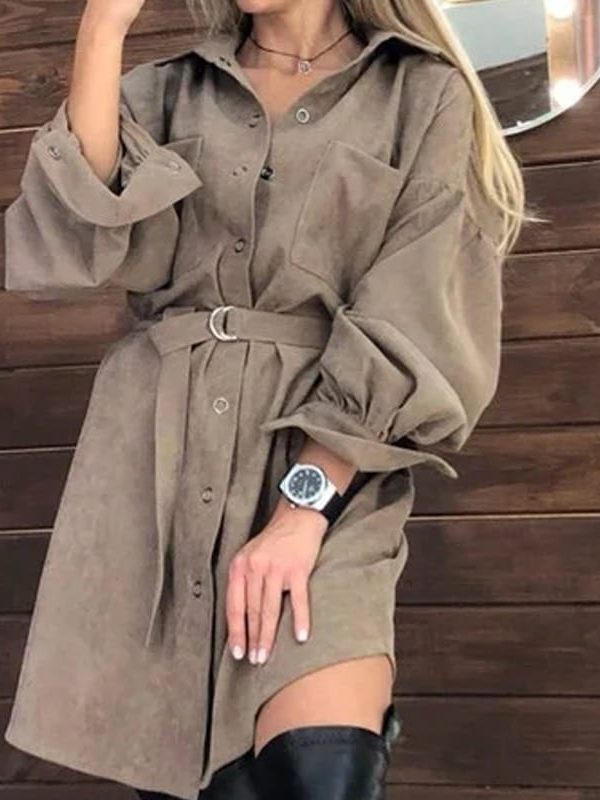 Vintage Long Sleeve With Belt Button Mini Dress in Dresses