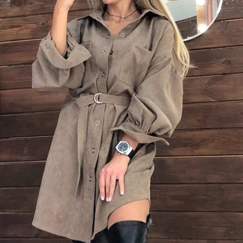 Vintage Long Sleeve With Belt Button Mini Dress in Dresses