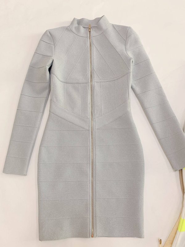 Long Sleeve Zipper Sparkly Glitter Gray Bandage Dress in Dresses