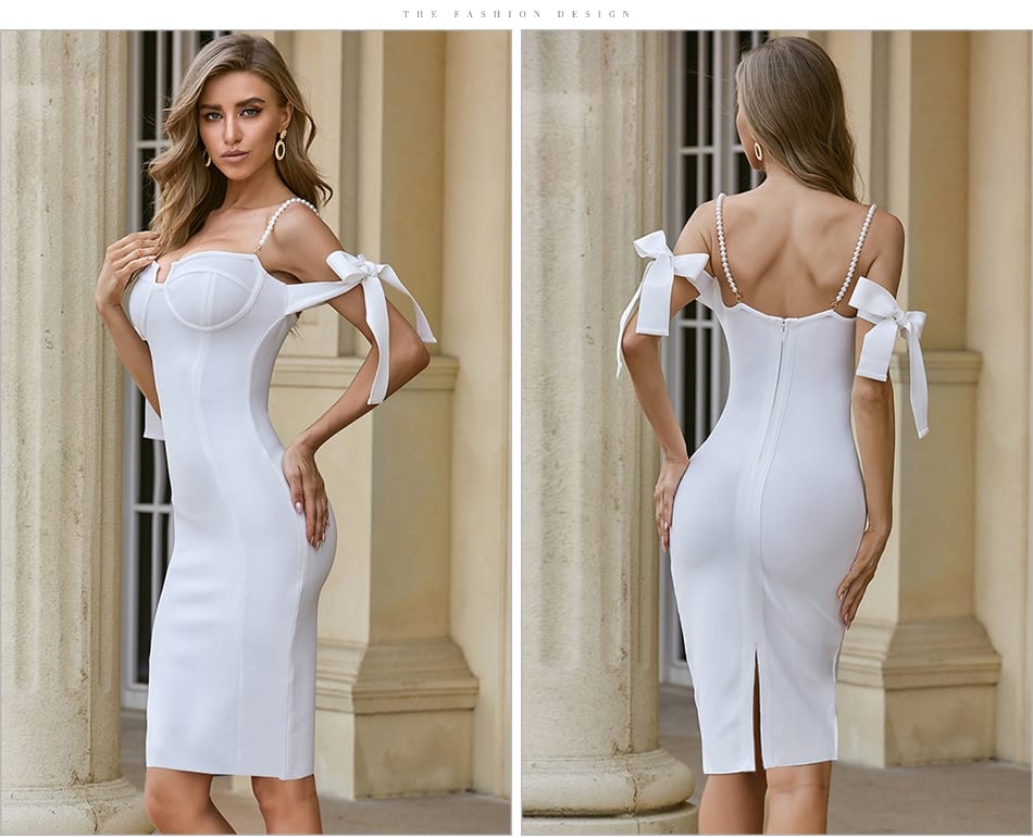 Off shoulder spaghetti strap short sleeve bodycon bandage dress