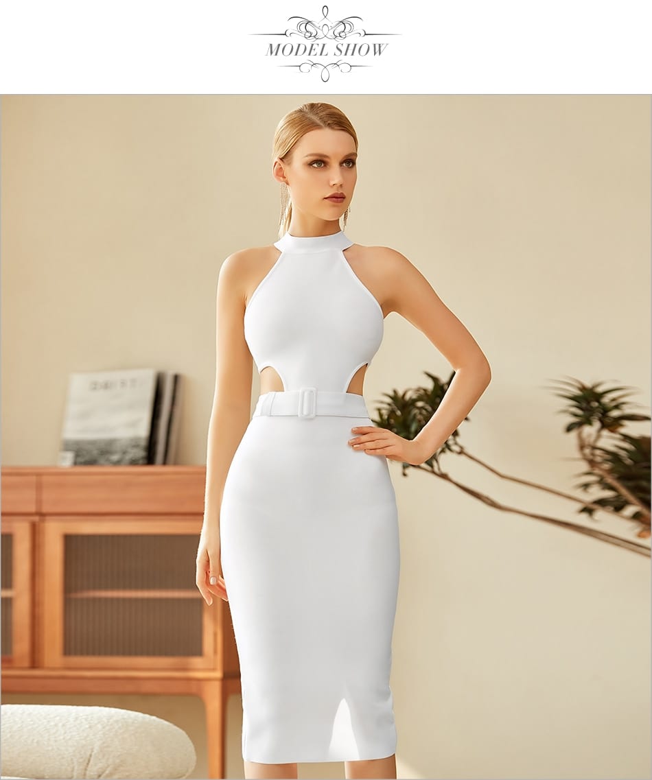 White Halter Hollow Out Sleeveless Bodycon Bandage Dress | Uniqistic.com
