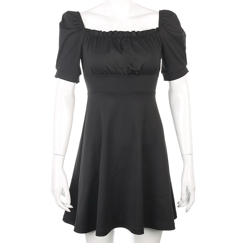 Elegant black square neck lace up backless pleated dress
