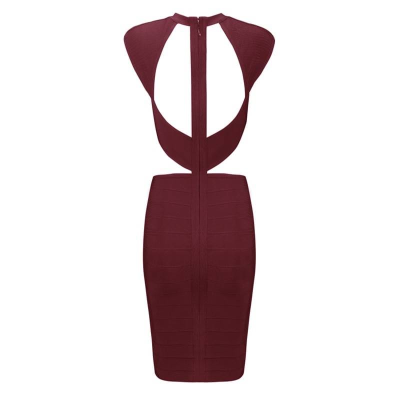 Wine Red Black Cut Out Zipper O-Neck Bandage Dress in Dresses