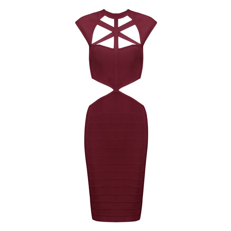 Wine red black cut out zipper o-neck bandage dress