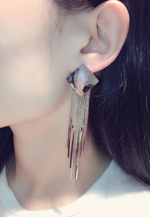 Glossy simple geometric square long tassel earrings