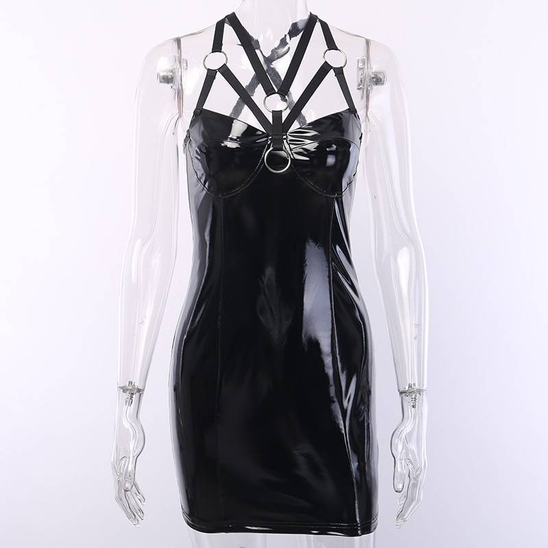 Gothic Bandage Halter Hollow Out Black Dress in Dresses