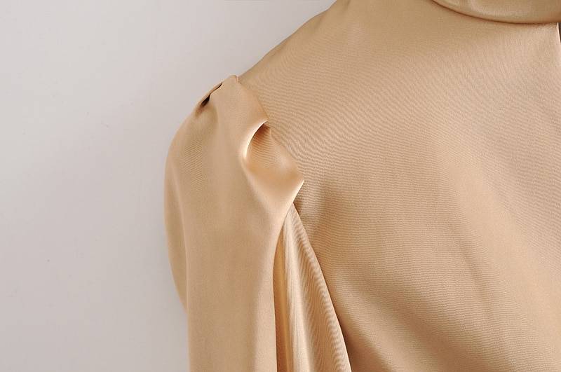 Elegant Apricot Ruched Pleated Slit Backless High Collar Tie Bow Blouse Shirt in Blouses & Shirts