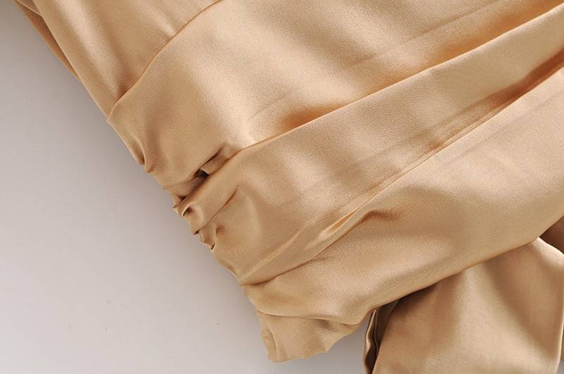 Elegant apricot ruched pleated slit backless high collar tie bow blouse shirt