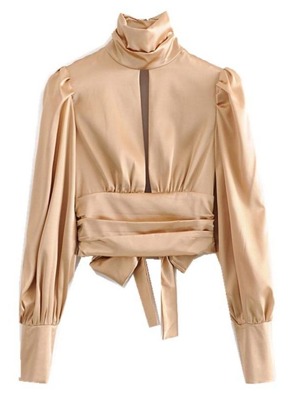 Elegant apricot ruched pleated slit backless high collar tie bow blouse shirt