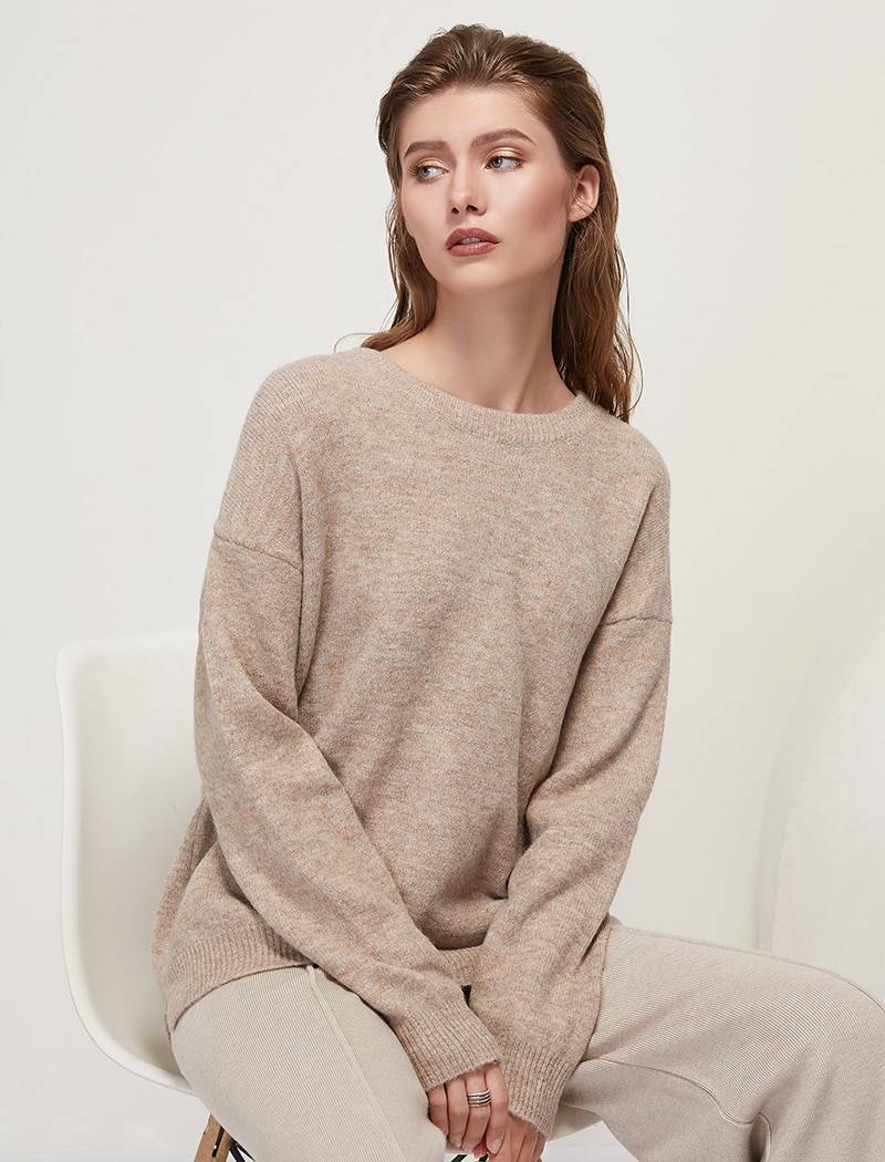 O Neck Batwing Long Sleeve Loose Soft Wool Knitted Pullover Sweater in Sweaters