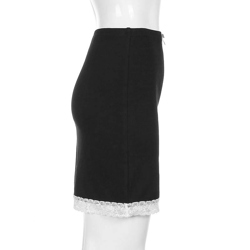 Sweet Bow Lace Trim High Waist Bodycon Black Skirt in Skirts