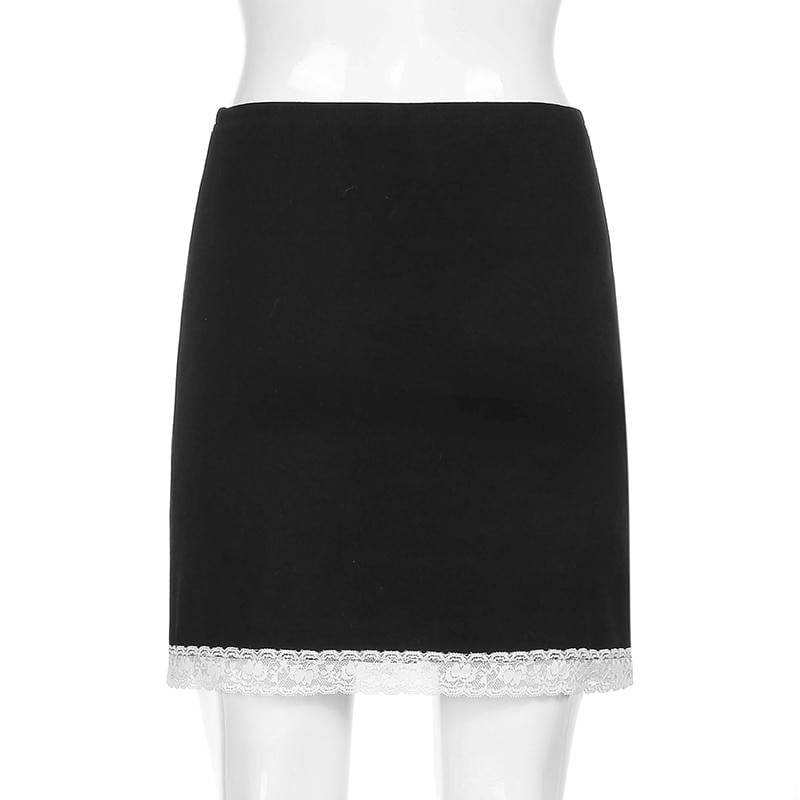 Sweet Bow Lace Trim High Waist Bodycon Black Skirt in Skirts