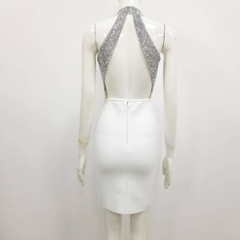 Elagant Backless White Tassel Sparkly Mini Bodycon Bandage Dress in Dresses