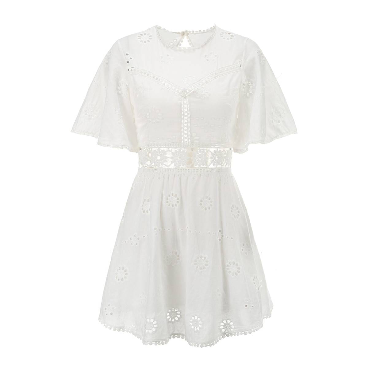 White High Waist Floral Embroidery Cotton Backless Mini Dress in Dresses