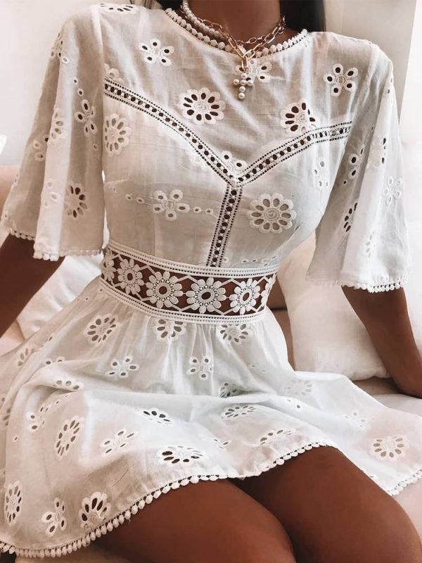 White high waist floral embroidery cotton backless mini dress
