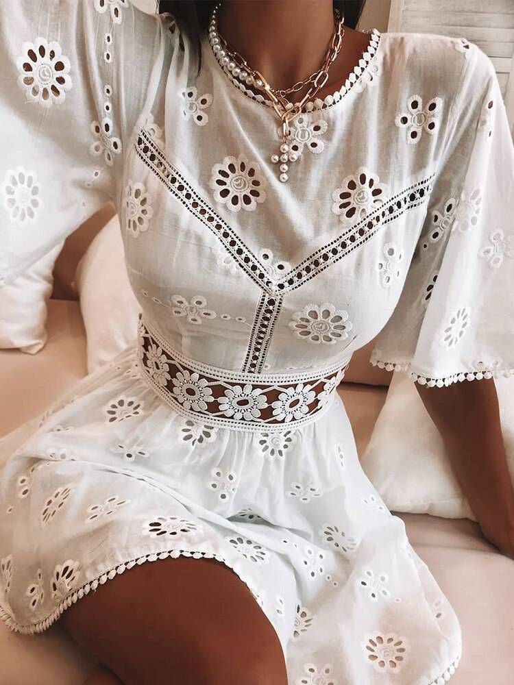 White high waist floral embroidery cotton backless mini dress