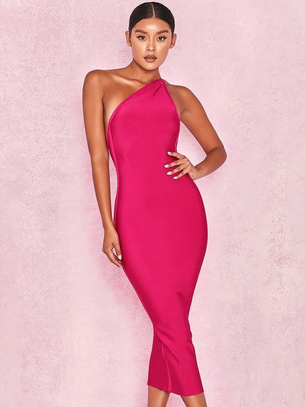 Hot Pink One Shoulder Backless Elastic Elegant Bandage Dress in Dresses