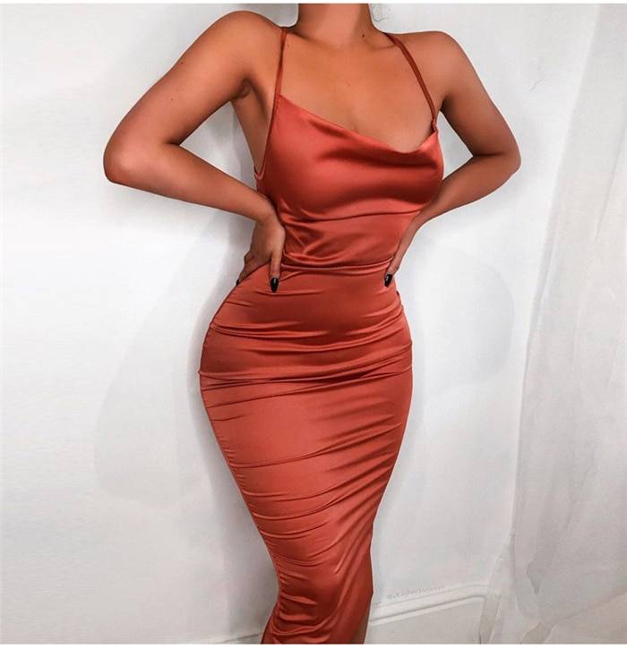 Satin Backless Lace Up Bodycon Midi Dress in Dresses