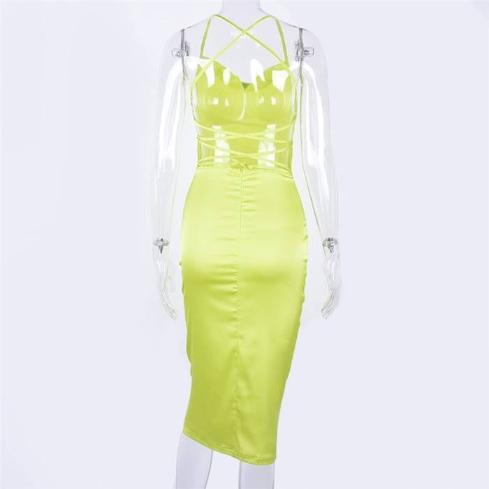 Satin Backless Lace Up Bodycon Midi Dress in Dresses