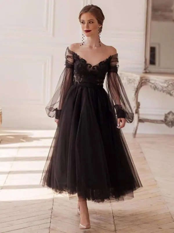 Elegant black illusion full sleeve v-neck lace appliques backless a-line ankle-length evening dress