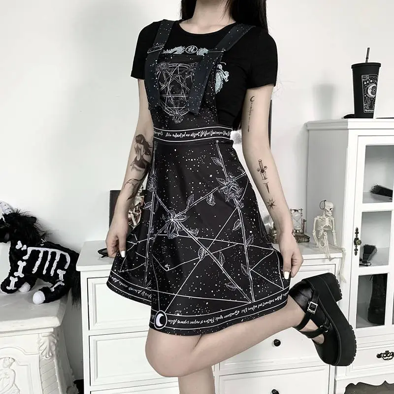 Vintage Black Print Grunge High Waist Backless Gothic Punk Dress in Dresses