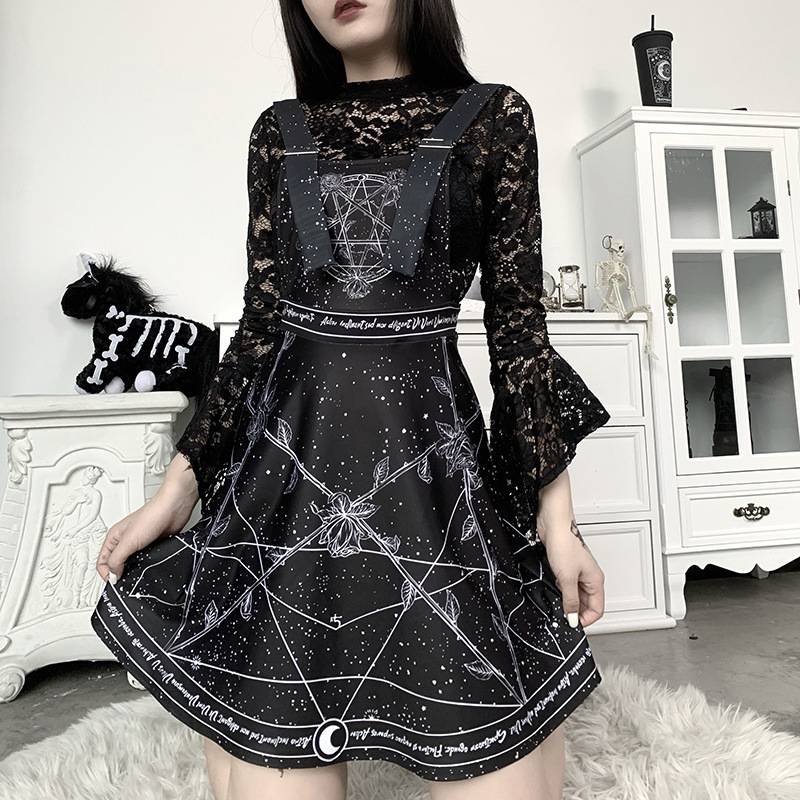 Vintage Black Print Grunge High Waist Backless Gothic Punk Dress in Dresses