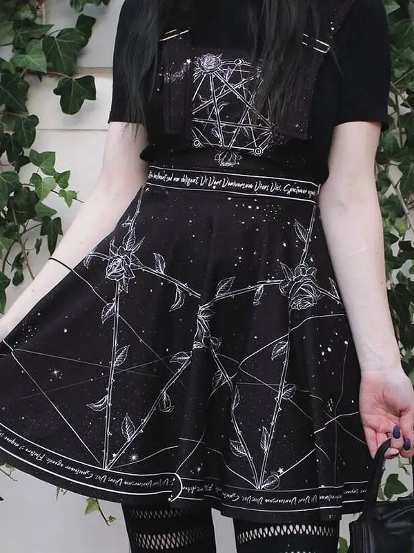 Vintage black print grunge high waist backless gothic punk dress