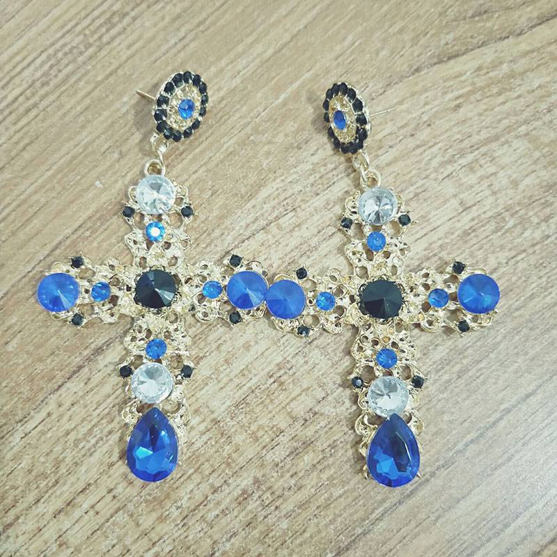 Vintage Black Crystal Cross Drop Earrings in Earrings