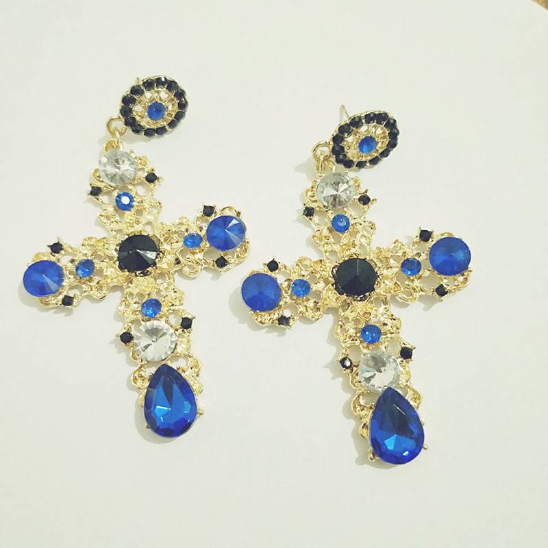 Vintage Black Crystal Cross Drop Earrings in Earrings