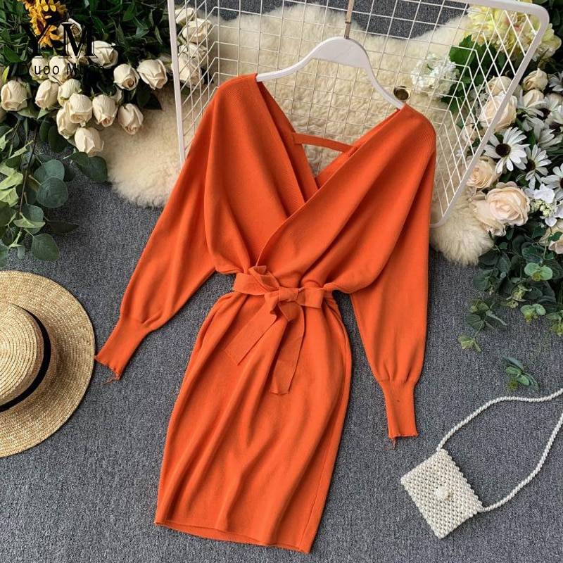 Long Batwing Sleeve V Neck Knitted Sweater Dress in Dresses
