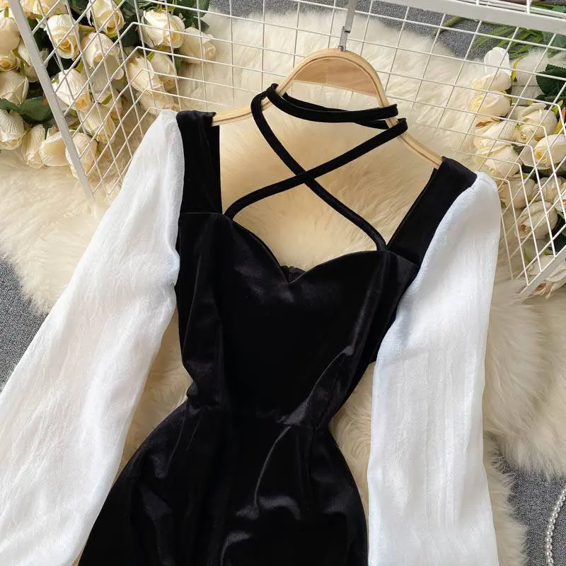 Vintage Black And White Velvet Dress in Dresses