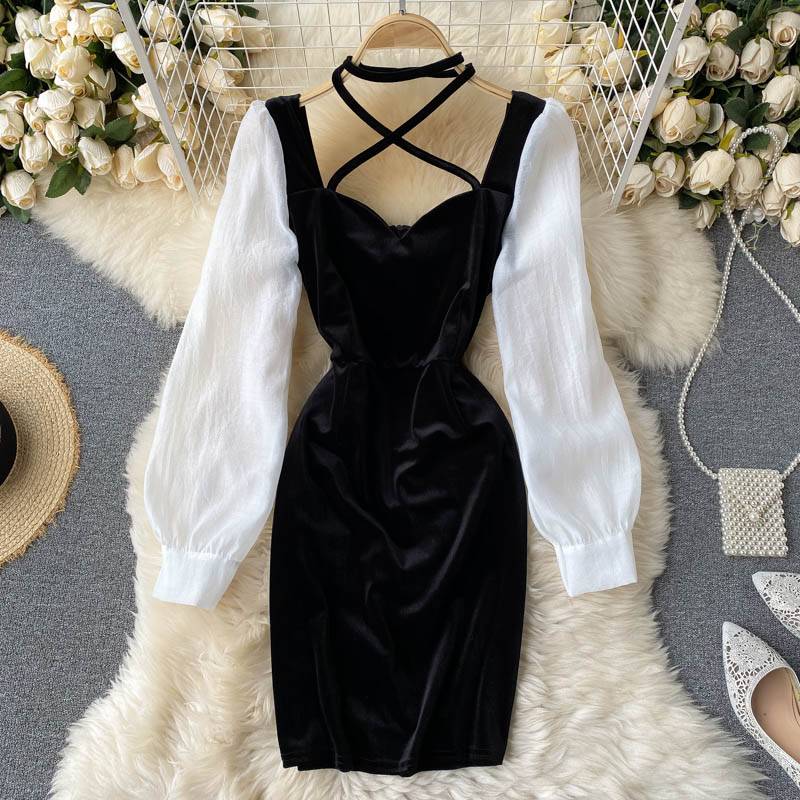 Vintage Black And White Velvet Dress in Dresses