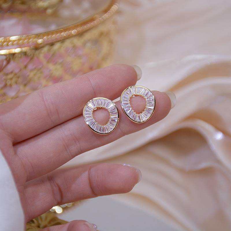 Gold Irregular Circle Zirconia Stud Earrings in Earrings