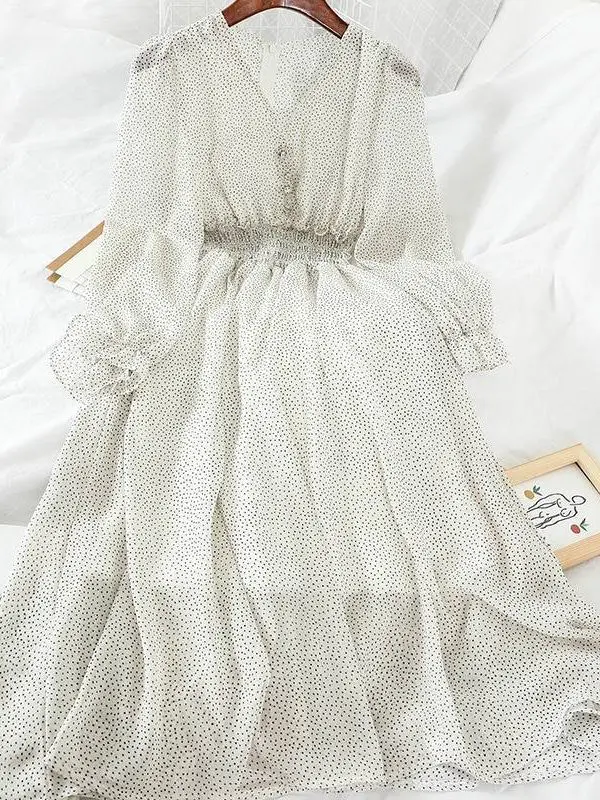 Elegant High Waist V Neck Polka Dot Button Puff Sleeve Chiffon Dress in Dresses