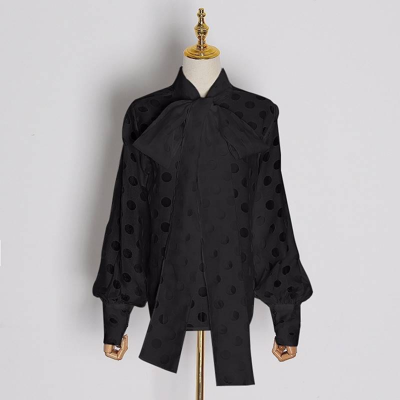 Bow Collar Lantern Long Sleeve Lace Up Shirt in Blouses & Shirts