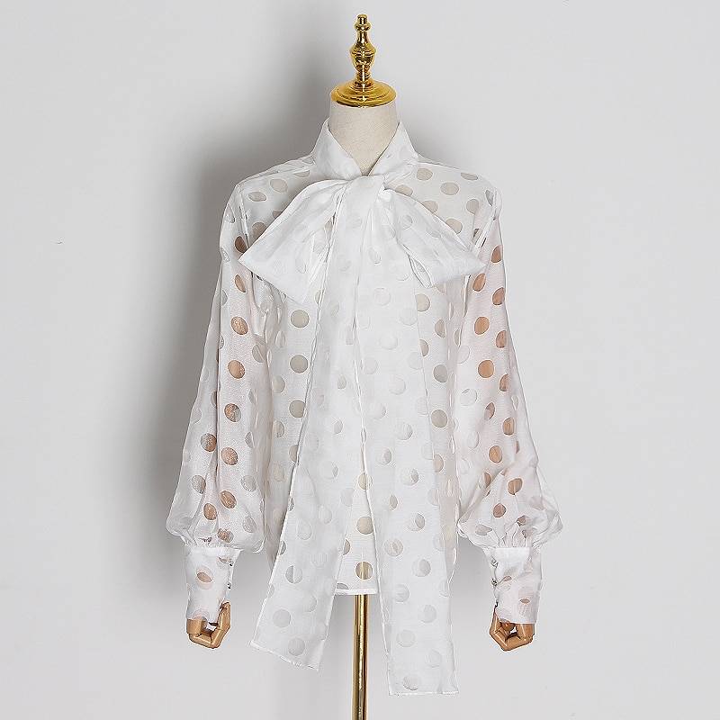 Bow Collar Lantern Long Sleeve Lace Up Shirt in Blouses & Shirts