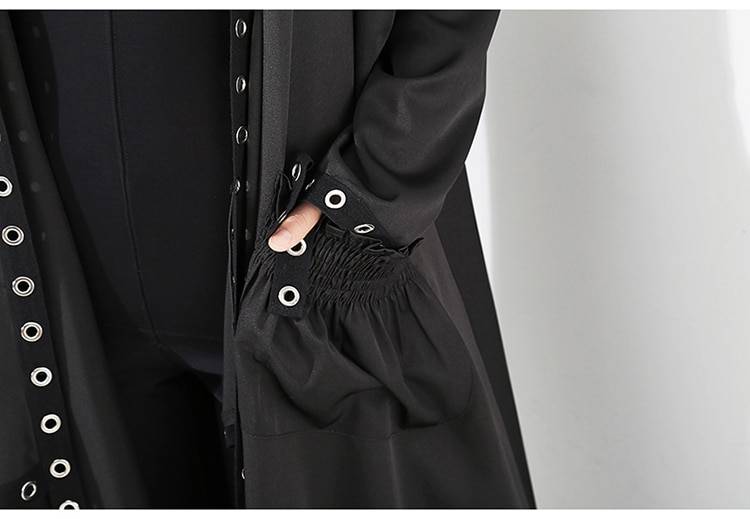 Black Unique Long Tape Metal Holes Loose Jacket in Coats & Jackets